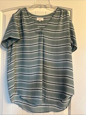 LOFT Sage Green Striped V-Neck Short Sleeve Blouse